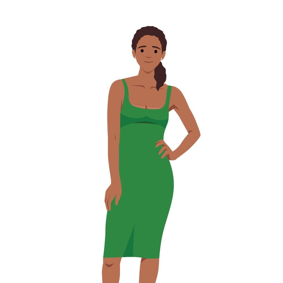 vettore moda illustrazione di un' bellissimo giovane donna nel un' verde festa vestire. moda modello nel un' estate attrezzatura