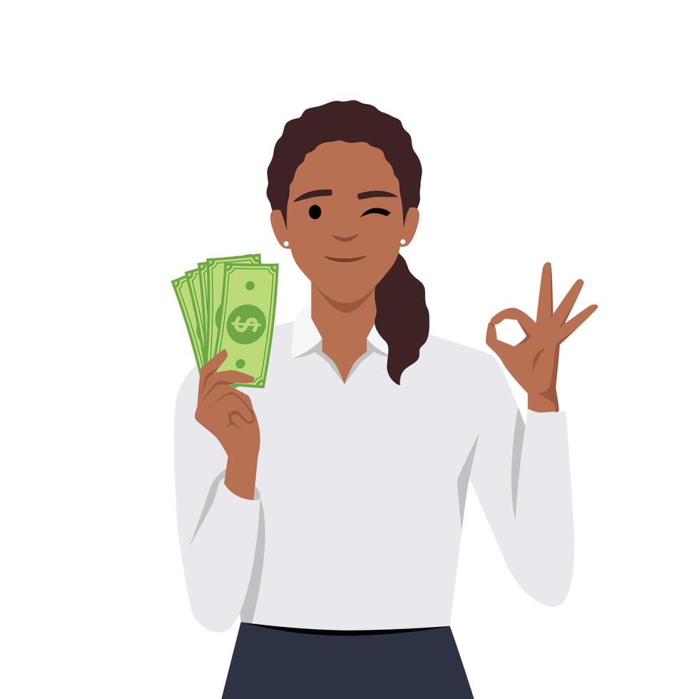 giovane donna Tenere denaro contante o moneta o i soldi nel mano e mostrando va bene o ok cartello vettore
