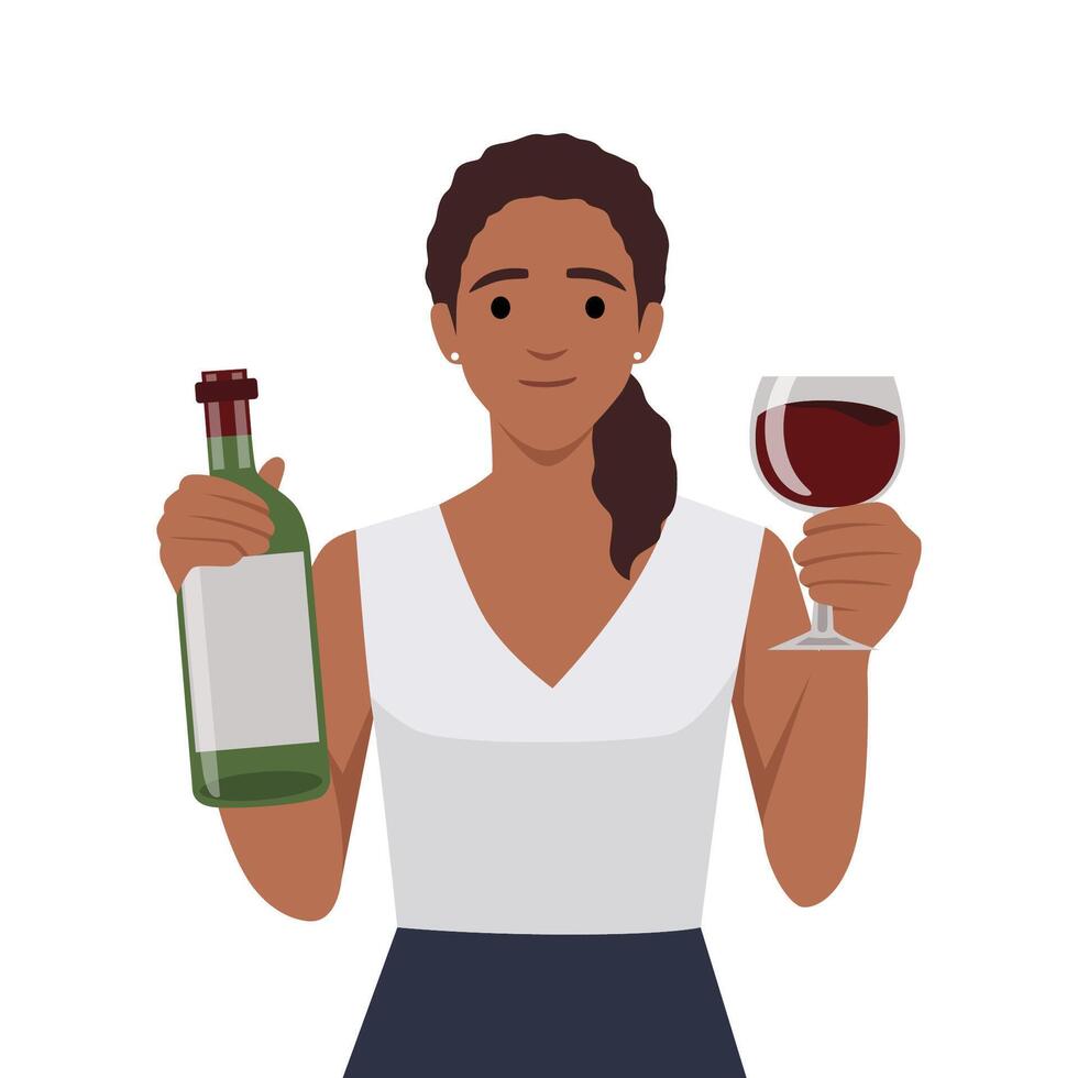 giovane contento sorridente donna tostatura con vino bicchiere e Tenere bottiglia di vino, chiede persone per aderire suo. vettore