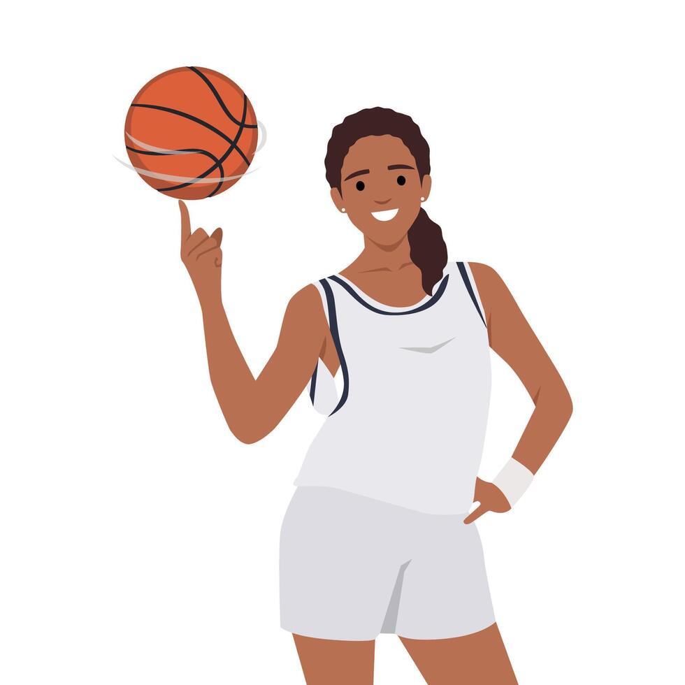 sorridente giovane nero donna atleta rotazione palla su dito. contento ragazza pallacanestro giocatore giocare con sfera. sport e gioco attività vettore