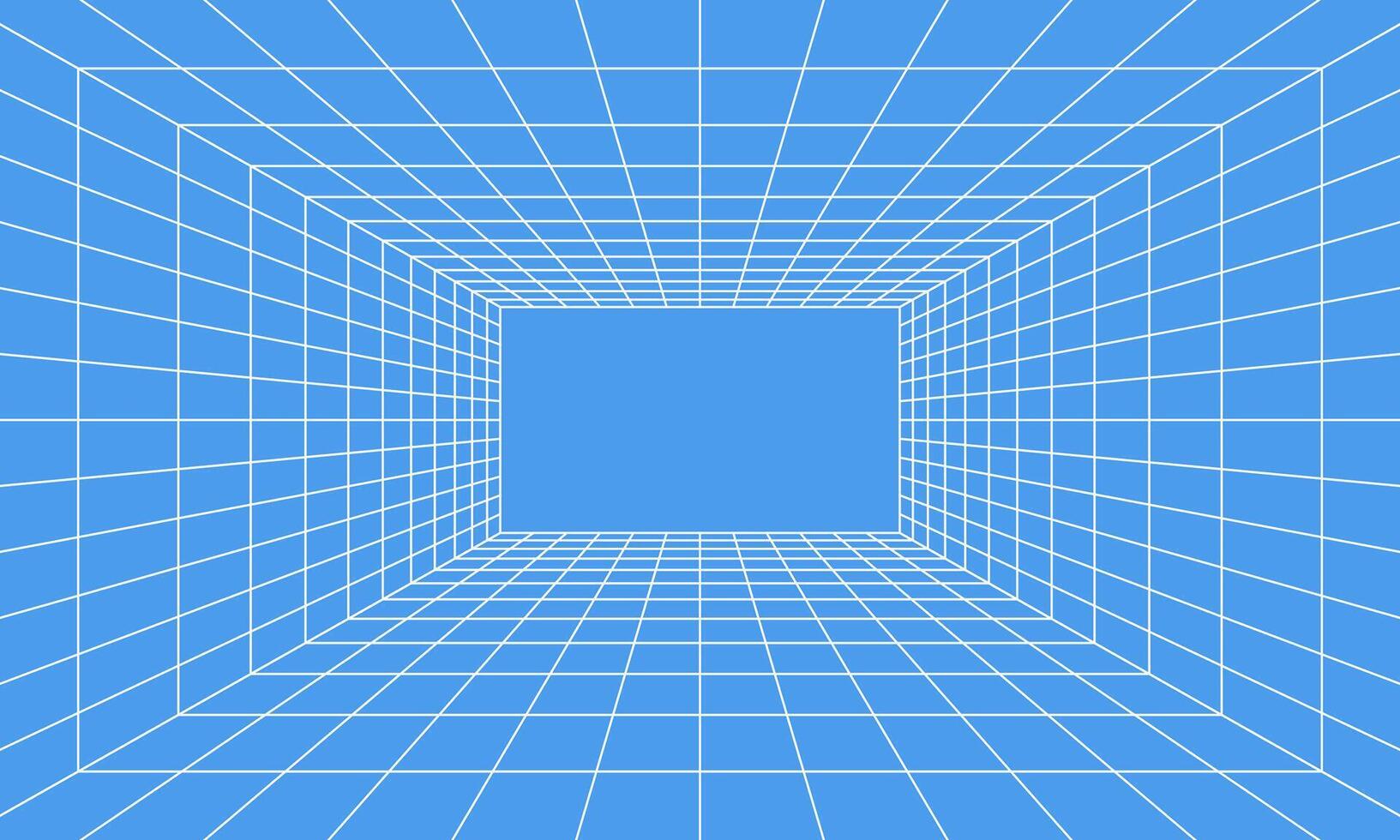 griglia camera nel prospettiva nel 3d stile. interno wireframe a partire dal bianca laser fascio su blu sfondo, digitale vuoto scatola. astratto geometrico design vettore