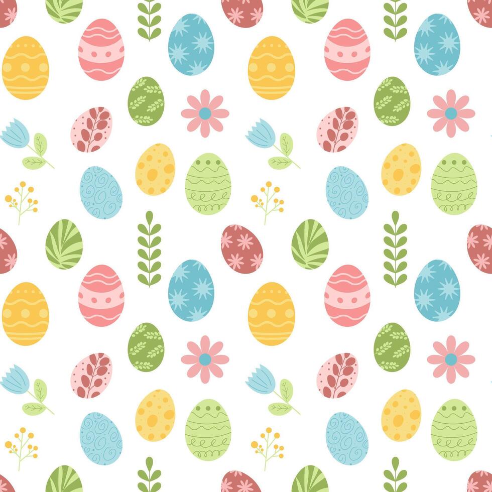 senza soluzione di continuità primavera modello con Pasqua uova e fiori. vettore piatto illustrazione.