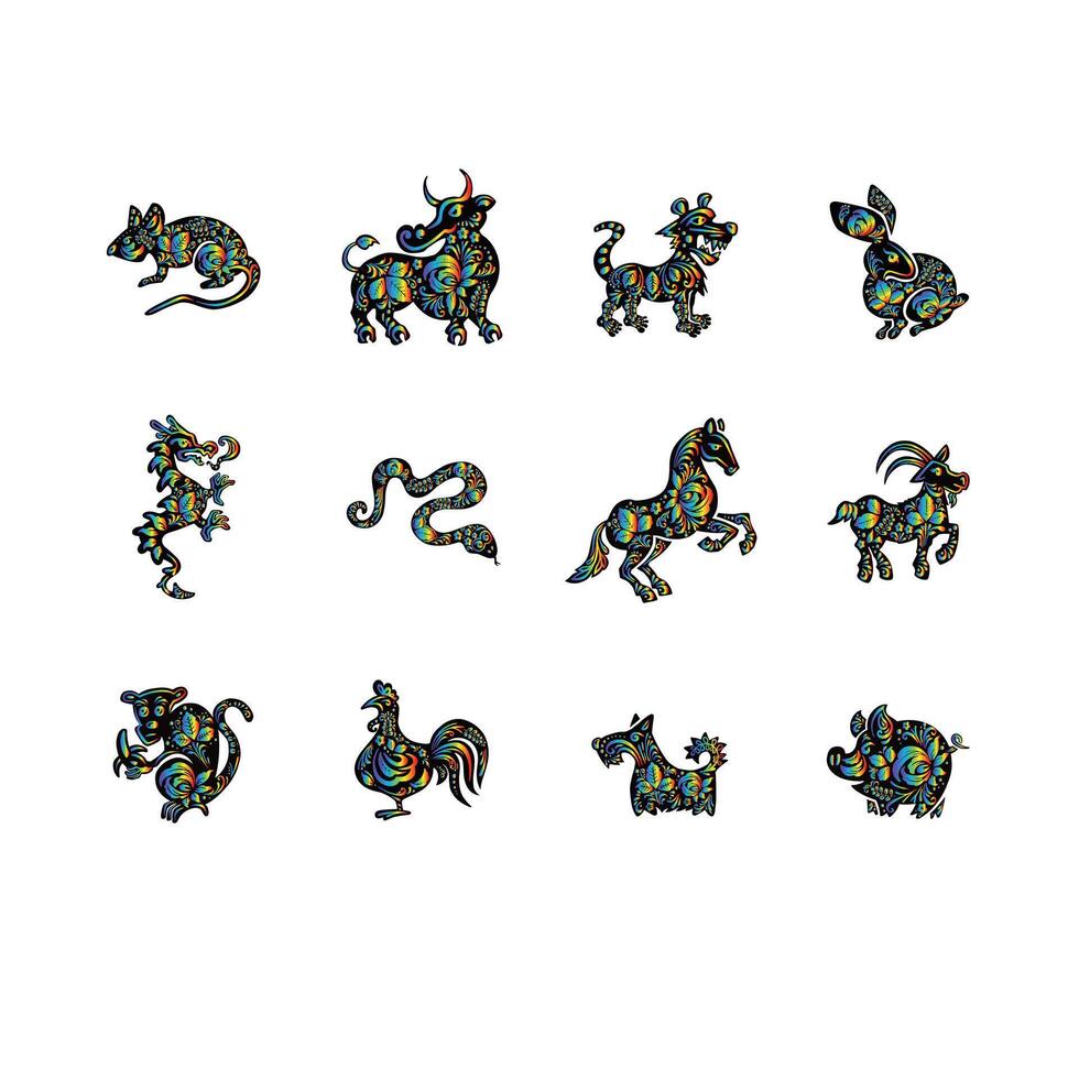 impostato di orientale oroscopo simboli con arcobaleno ornamento, vettore illustrazione