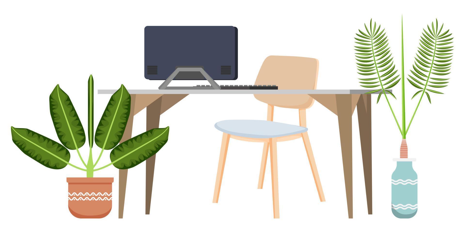 simpatica bella scrivania per freelance e home office con sedia tavolo pc computer e con piante vettore