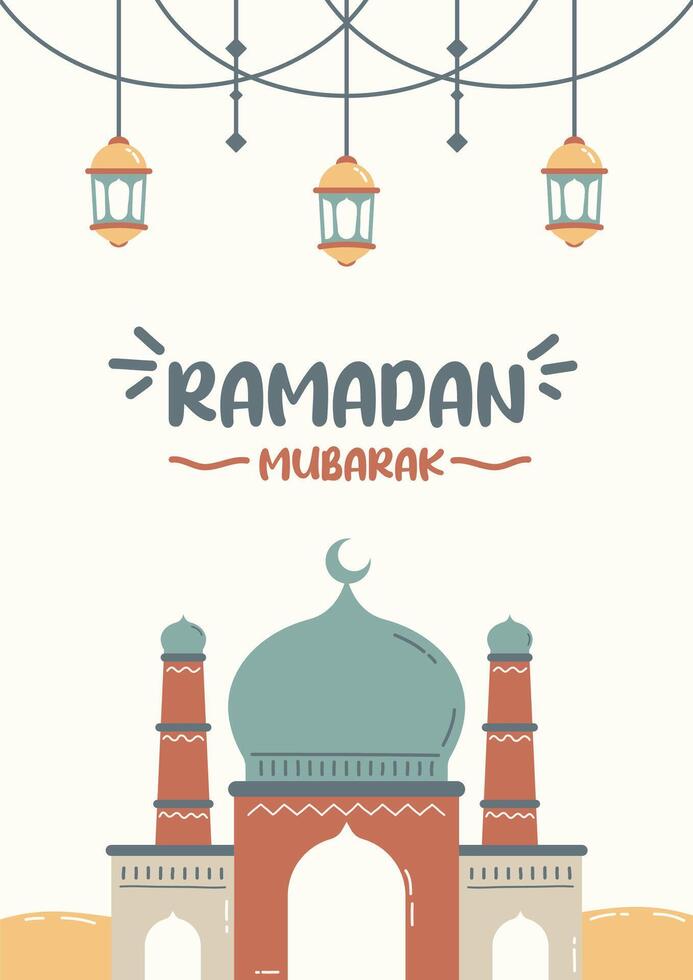 contento Ramadan mubarak modello per copertine, sociale media, carte, e altri. giocoso design con disegnatore di fumetti moschea illustrazione e divertimento tipografia. vettore