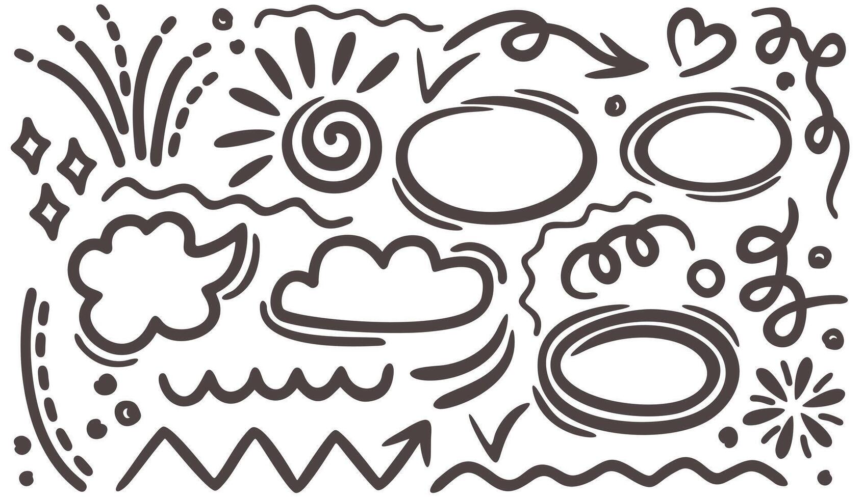 vettore impostato di scarabocchio elementi isolato su bianca sfondo. frecce, discorso bolle, nuvole, enfasi, sottolinea, spirali, astratto geometrico forme