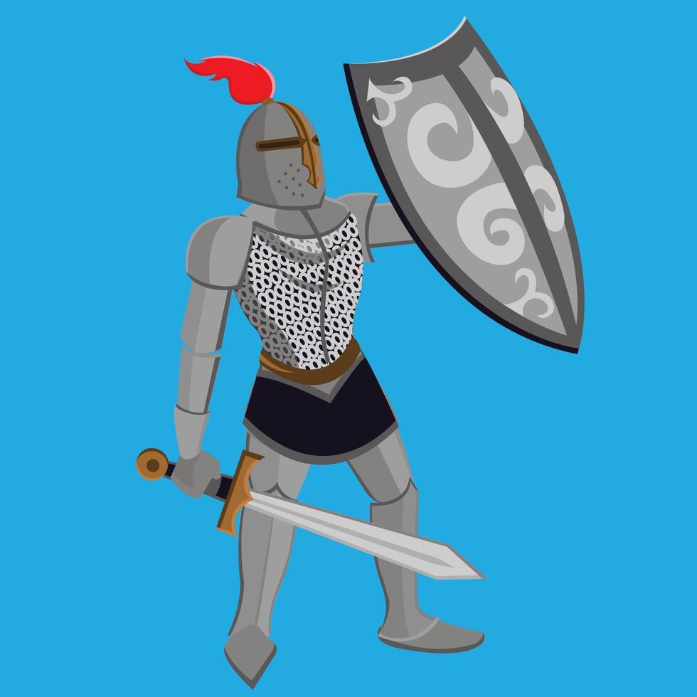 cartone animato medievale cavaliere arma, lungo spada, pieno metallo, armato cavaliere Tenere scudo e spada. medievale guerriero cavalleria. piatto vettore illustrazione