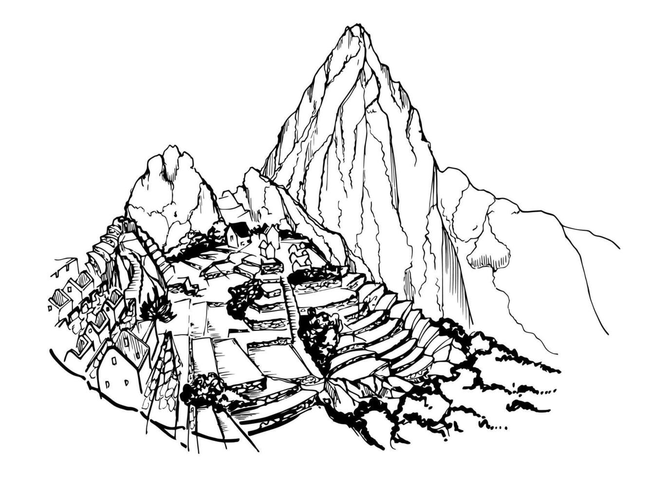 mano disegnato inchiostro vettore illustrazione, montagna paesaggio scenario centrale Sud America, colline aereo, machu picchu terrazze. isolato su bianca sfondo. design viaggiare, vacanza viaggio, opuscolo, Stampa