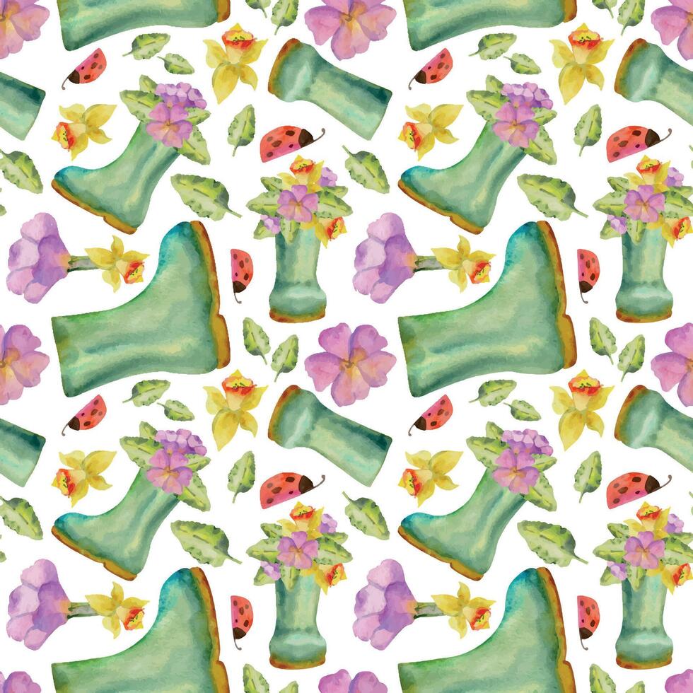 mano disegnato acquerello illustrazione primavera giardinaggio, gomma da cancellare Wellington stivali con fiori e foglie, coccinella. senza soluzione di continuità modello isolato bianca sfondo. design Stampa, negozio, scrapbooking, confezione vettore