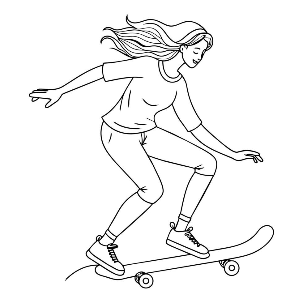 ragazza giocando skateboard continuo linea arte vettore illustrazione