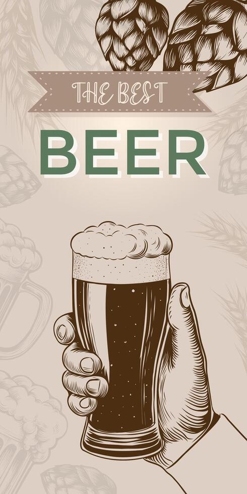 mano Tenere bicchiere di birra. design modello per birra pub, contento ore, speciale offerta, menù bar design. menù etichetta con orzo e salto. vettore illustrazione incisione schizzo manifesto.