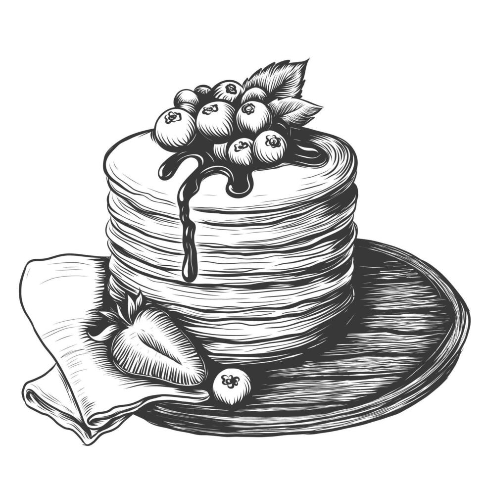 vettore Vintage ▾ pila di Pancakes disegno. mano disegnato monocromatico cibo illustrazione isolato su bianca per menù, finestre design o etichetta. incisione schizzo di Pancakes con frutti di bosco e cioccolato sciroppo.