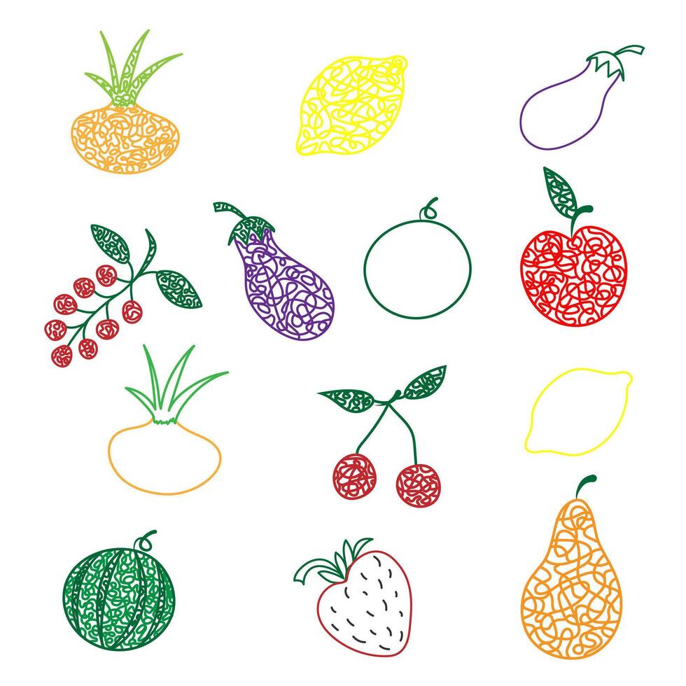 impostato di mano disegnato anguria, ciliegia, mela, Pera, Limone, fragole, melanzane, ribes, cipolla isolato su bianca sfondo nel bambini ingenuo stile. vettore