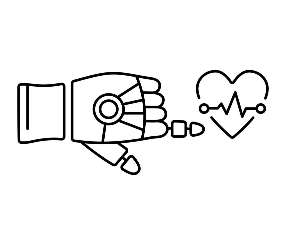 robot mano puntamento con indice dito o toccante cuore con cardiogramma. vettore isolato linea icona. simbolo di moderno medico tecnologie.