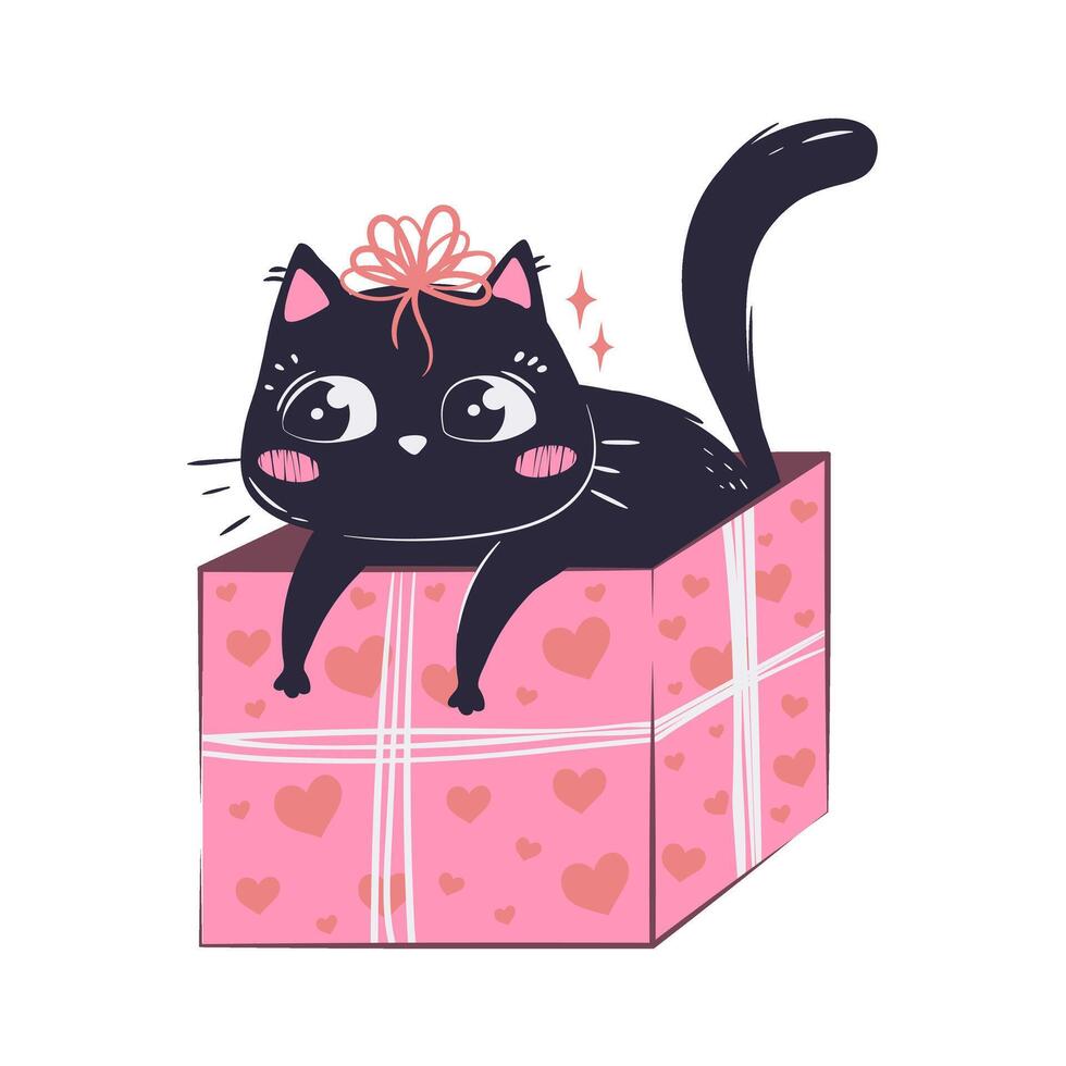 semplice cartone animato piatto amore gatto nel regalo scatola vettore