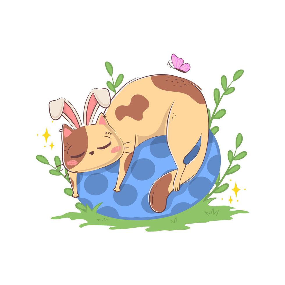 carino cartone animato gatto con coniglietto orecchie addormentato su un' enorme Pasqua uovo isolato su un' bianca sfondo nel scarabocchio stile vettore