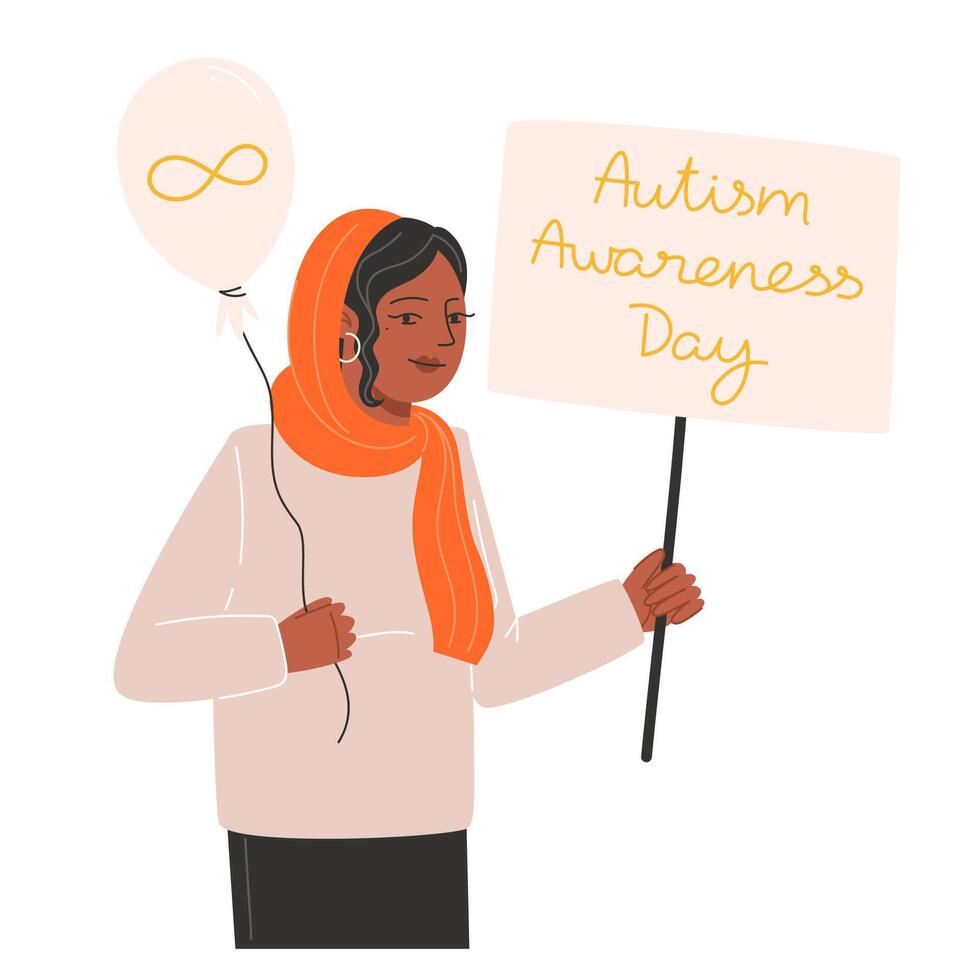 un' donna Tenere un' Palloncino e un' oro infinito simbolo manifesto per autismo consapevolezza giorno vettore