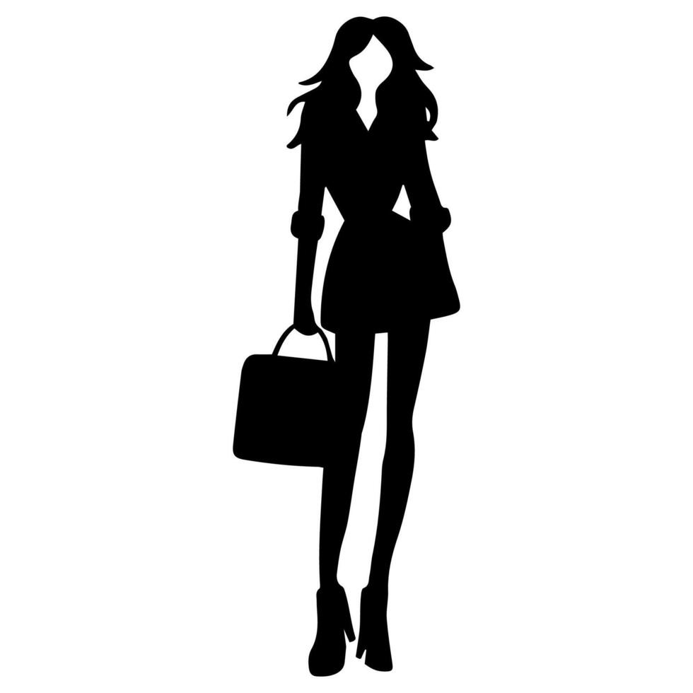 silhouette di donna indossare alto tacchi , in piedi posa Tenere un' valigetta, su un' bianca sfondo vettore