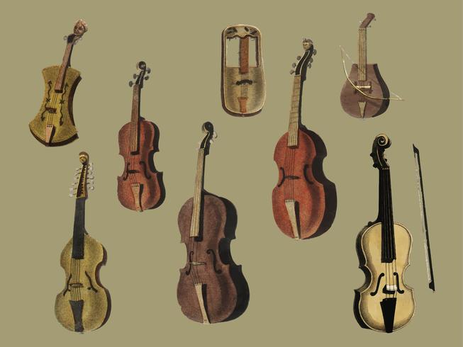 Musik (1850) ha pubblicato a Copenaghen, un&#39;illustrazione vintage di un violino, varianti di chitarra classica e flauto. Miglioramento digitale di rawpixel. vettore