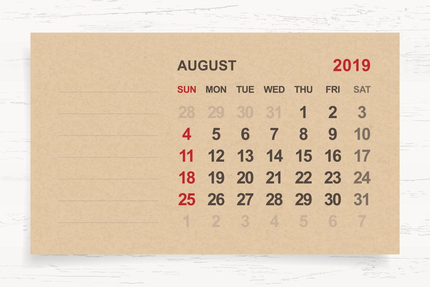 agosto 2019 - calendario mensile su carta marrone e fondo in legno con area per nota. vettore. vettore