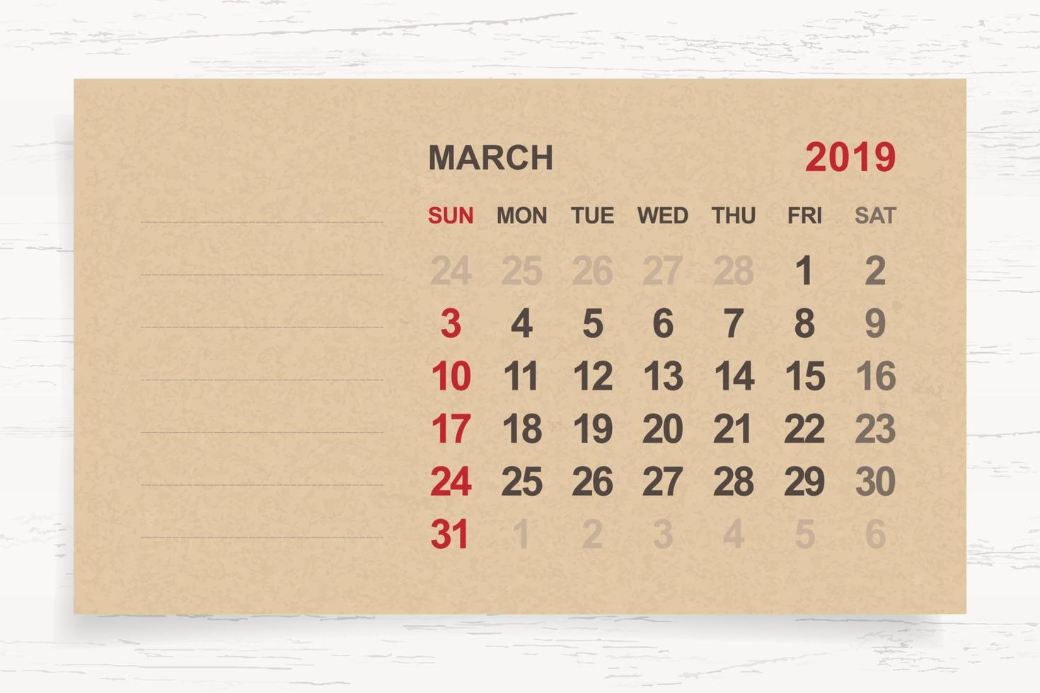 marzo 2019 - calendario mensile su carta marrone e fondo di legno con area per nota. vettore. vettore
