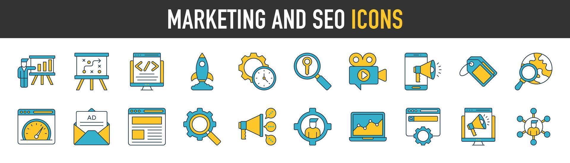 marketing e SEO icona impostare. ricerca motore ottimizzazione icona collezione. come come attività commerciale, traffico gestione, sociale Rete, classifica, ottimizzazione, collegamento e parola chiave. solido icone vettore illustrazione.