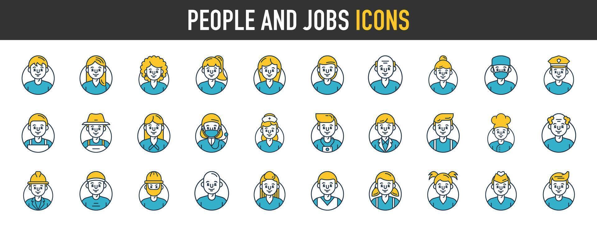 persone e lavori professioni icone impostare. occupazioni, lavoratori, avvocato, chef, medico, sviluppatore, scienziato, contadino, imprenditore. isolato vettore illustrazioni icona.