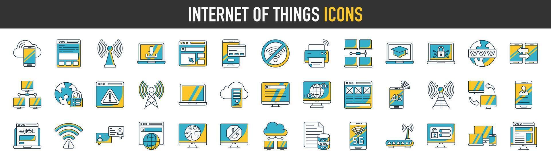 Internet di cose icona impostato con senza fili Rete e nube calcolo digitale IoT tecnologia. inteligente casa, città, m2m, industria 4.0, assistenza sanitaria, attività commerciale solido cartello vettore illustrazione