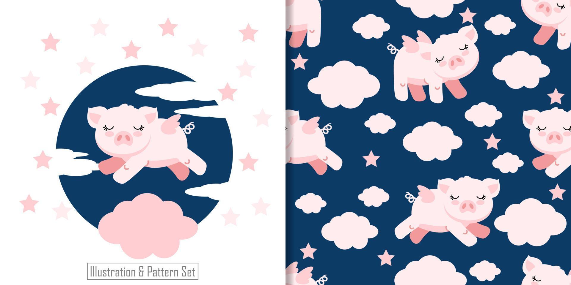 carino maiale seamless pattern con illustrazione cartone animato baby shower card vettore