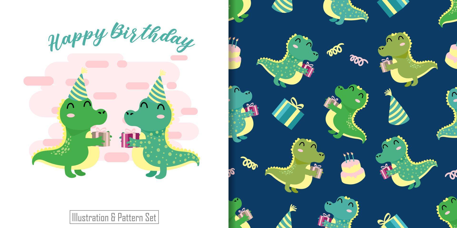 carino aligator seamless pattern con illustrazione cartone animato baby shower card vettore