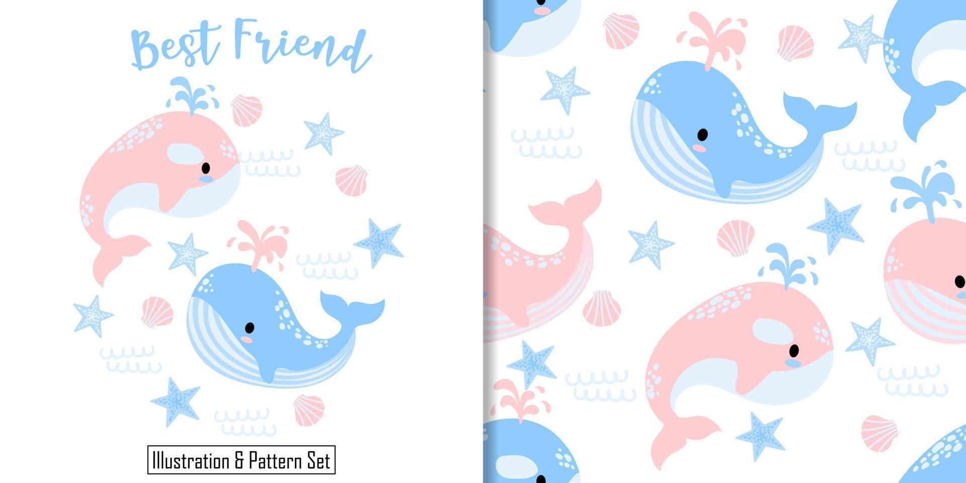 carino modello senza cuciture balena con illustrazione cartone animato baby shower card vettore