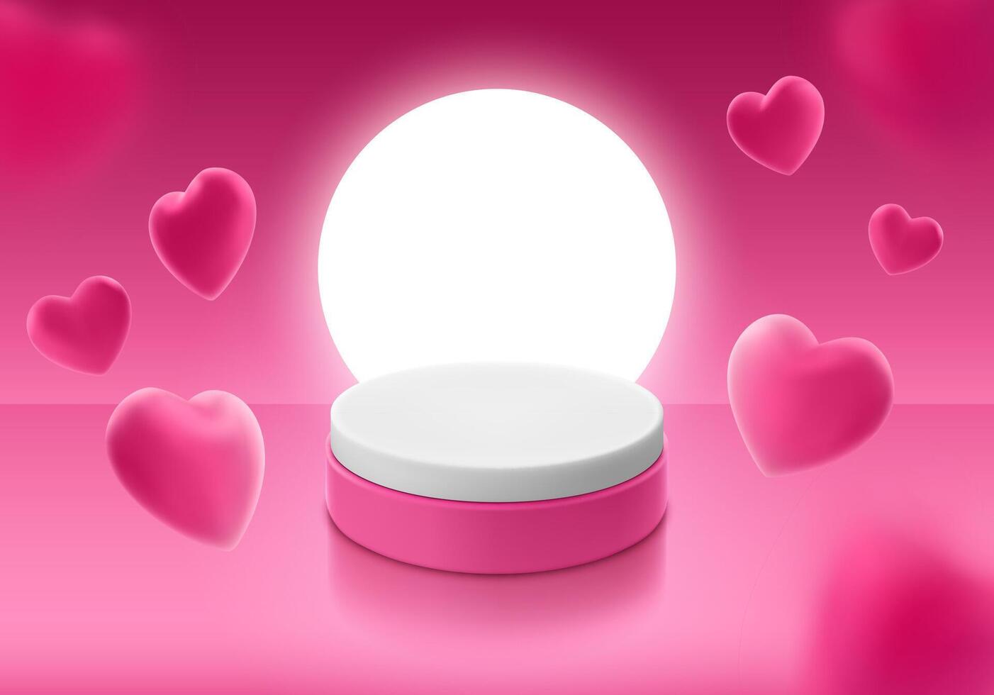 piedistallo cilindrico forma piedistallo per Prodotto Schermo su rosa sfondo con volante 3d cuore sagomato palloncini. vettore realistico illustrazione per pubblicità striscione, invito, cartolina.