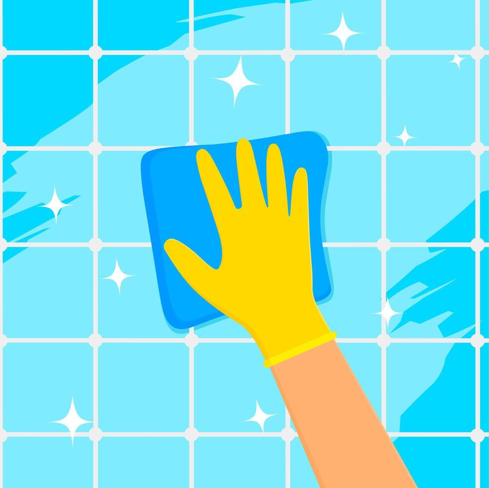 vettore illustrazione di pulizia bagno parete superficie con stoffa e mani utilizzando giallo protettivo guanti. il concetto di conservazione il Casa e bagno pulire.