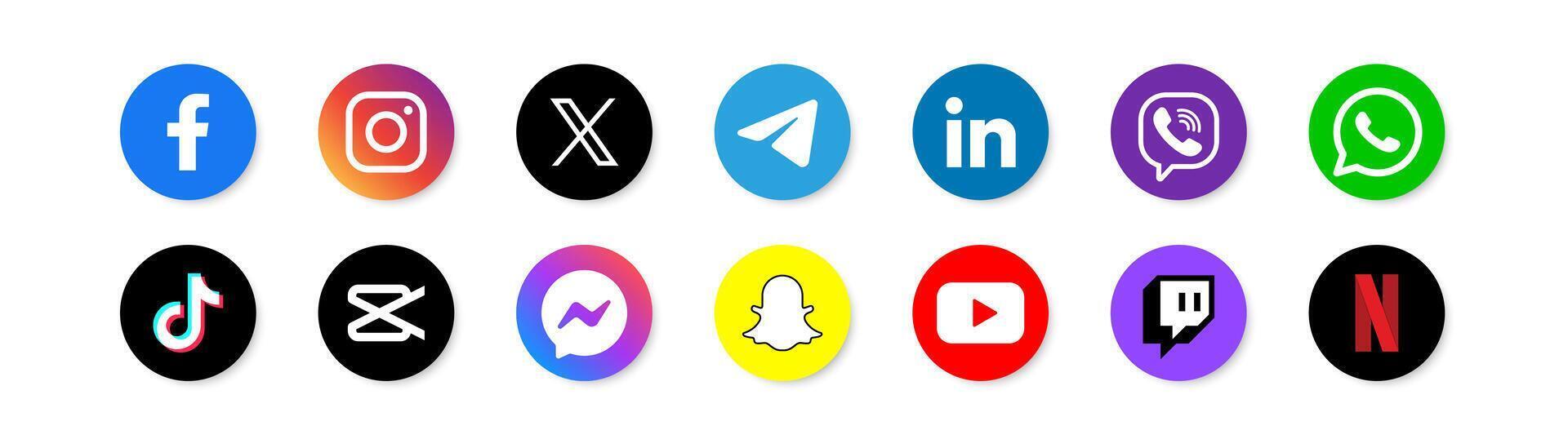 sociale media logotipo. Facebook, instagram, cinguettio, telegramma, linkin, vibrazioni, WhatsApp, tic toc, capcut, messaggero, snapchat, Youtube, contrazione, netflix logo. popolare editoriale app. vettore