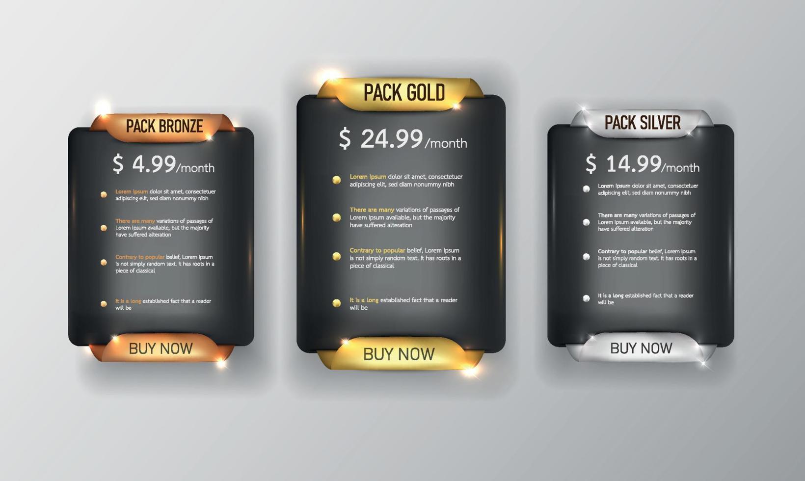 pulsante web prezzo tabella pack su sfondo colore nero 4 vettore