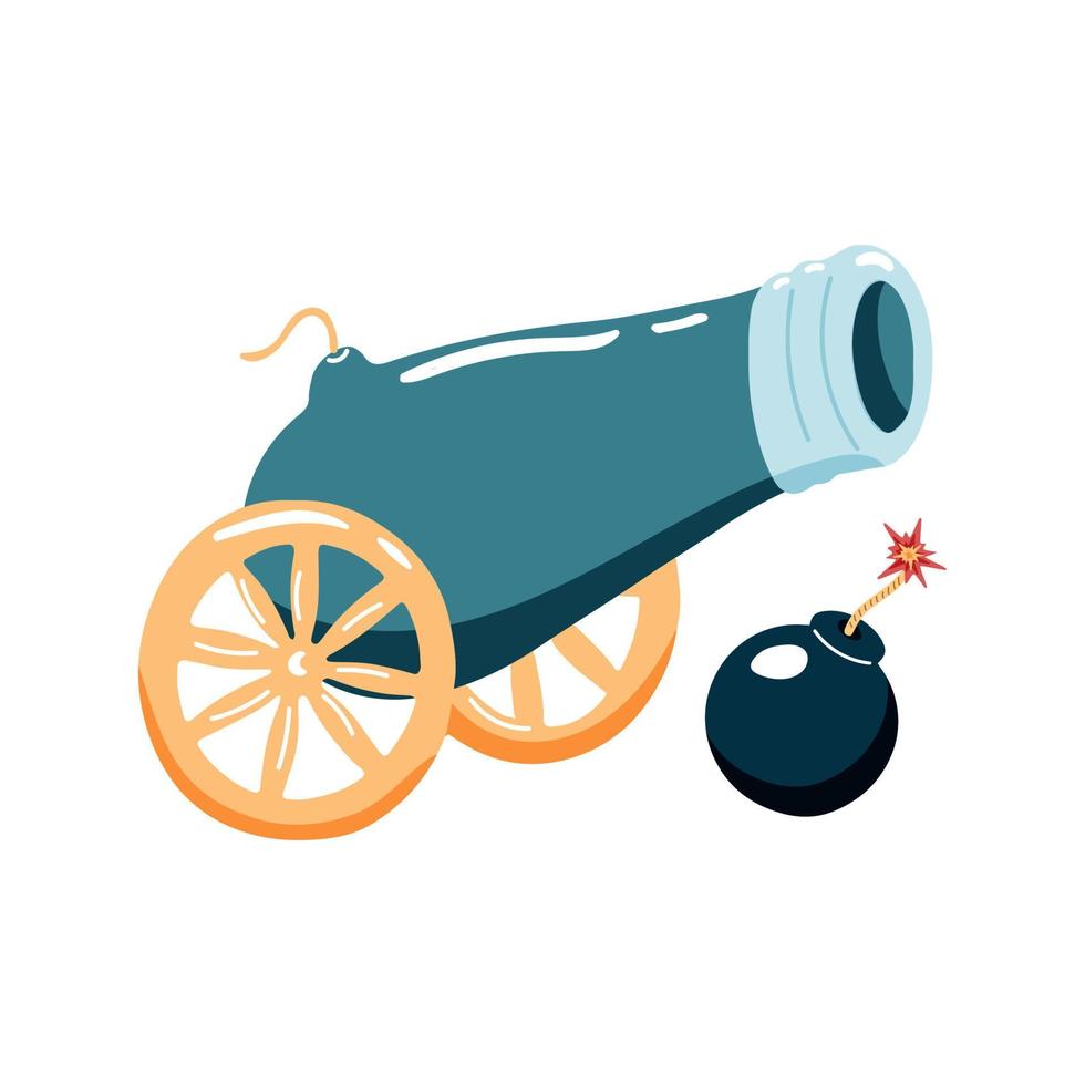 cannone antico disegnato a mano su ruote con palla di cannone. elementi pirata isolati su sfondo bianco. illustrazione vettoriale. vettore