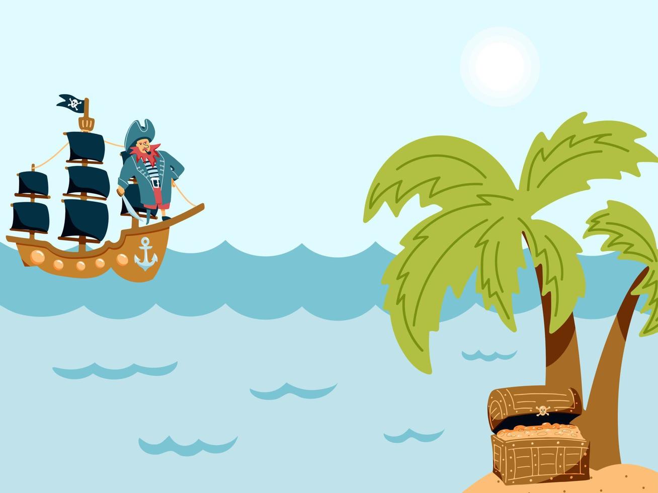 un pirata sta navigando su una nave verso un'isola disabitata con uno scrigno del tesoro. concetto di avventura per bambini. illustrazione disegnata a mano di vettore