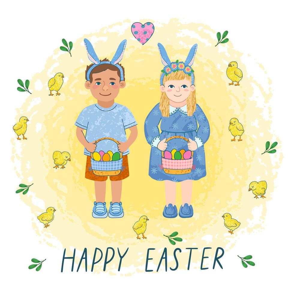 vettore colorato saluto carta con illustrazione di carino poco bambini con uovo cestino e mano disegnato littering contento Pasqua