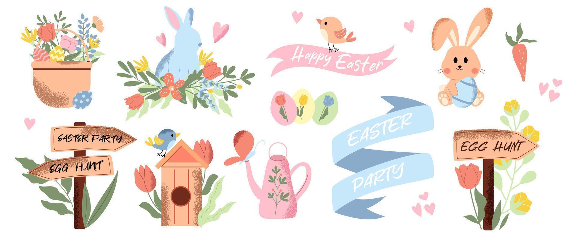 Pasqua collezione di fiori, uova, coniglietto, nastri, cestino, birdhouse e direzione segni. disegnato a mano vettore impostato con struttura.