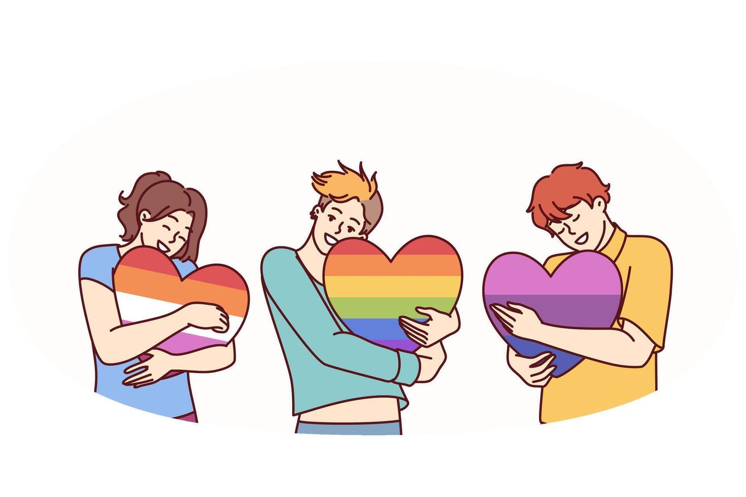 persone abbracciare cuori dipinto nel colori di lgbt e LGBTQ bandiere fabbricazione la libertà di scelta nel sesso vettore