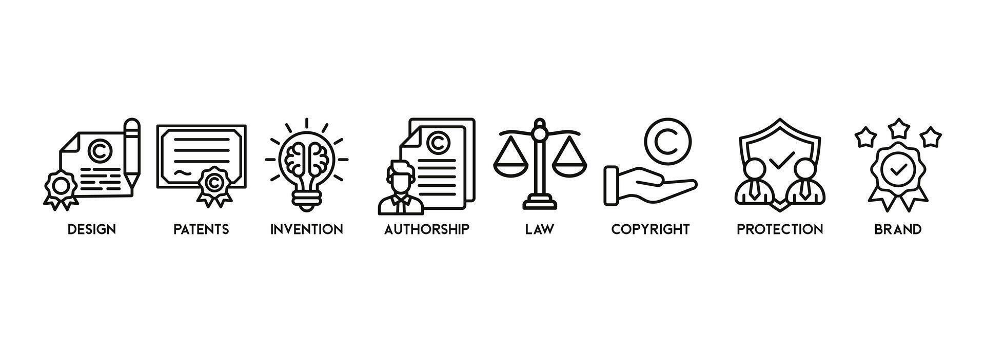 intellettuale proprietà bandiera ragnatela icona vettore illustrazione concetto per marchio con icona di disegno, brevetti, invenzione, paternità, legge, diritto d'autore, protezione, e marca