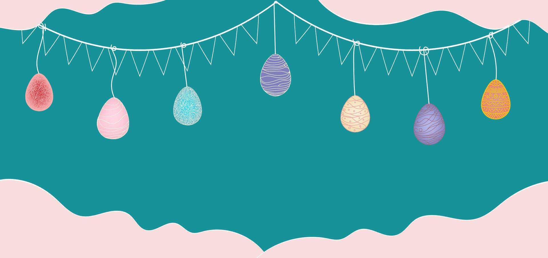 uno continuo mano disegno Pasqua uovo scarabocchio decorato striscione, manifesto. design per coniglio Pasqua uovo su bianca sfondo vettore