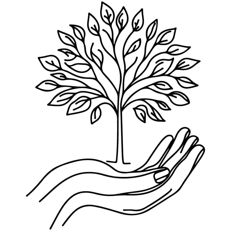 avvicinamento mani Tenere nero linea albero germoglio in crescita a partire dal suolo su mani. terra pianeta protezione concetto giorno vettore