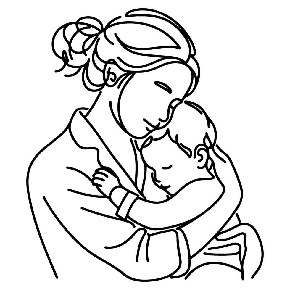 schizzo madre abbracciare piccolo bambino. singolo uno nero linea disegno donna essere abbracciato di sua bambini vettore illustrazione
