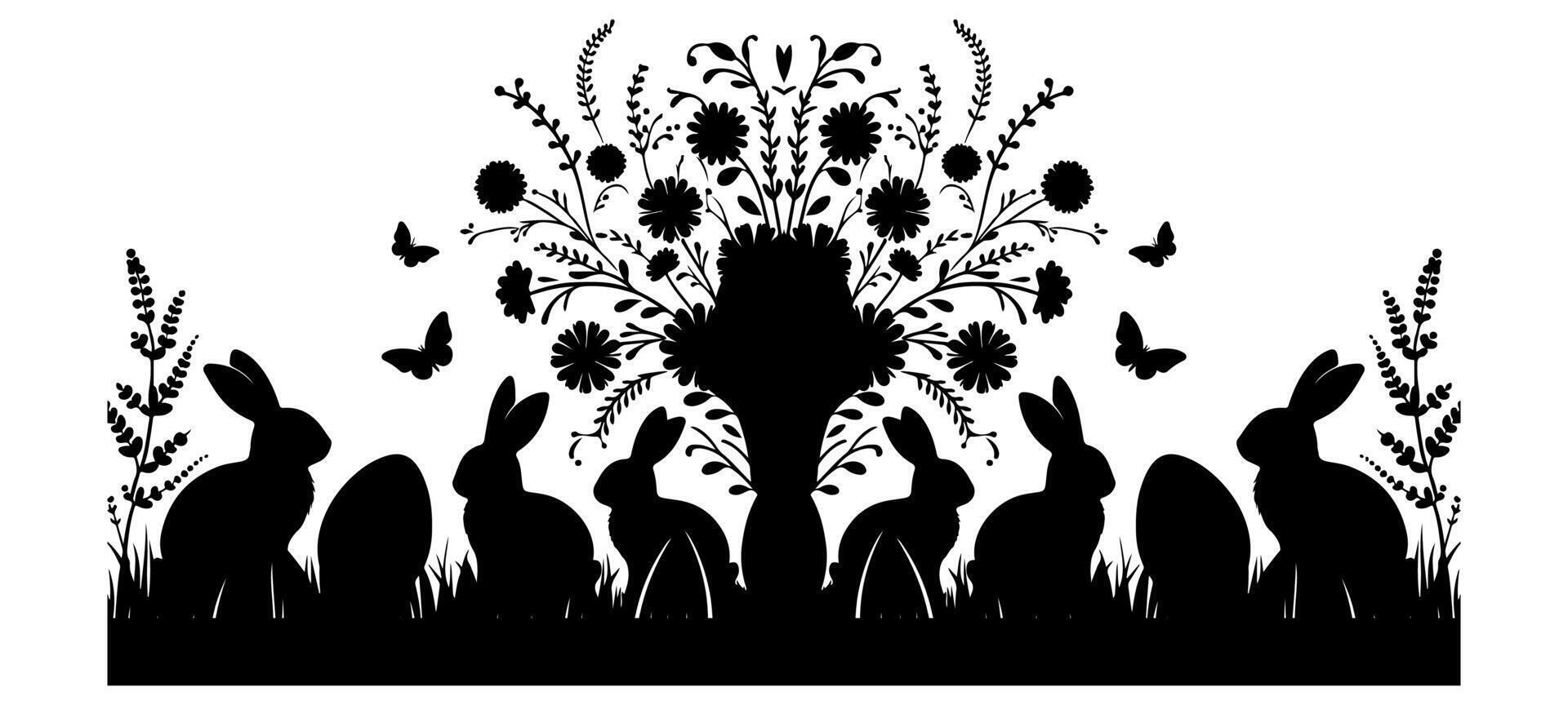 contento Pasqua uovo giorno con bambini, coniglietto. coniglio e nero erba silhouette senza soluzione di continuità su trasparente sfondo vettore