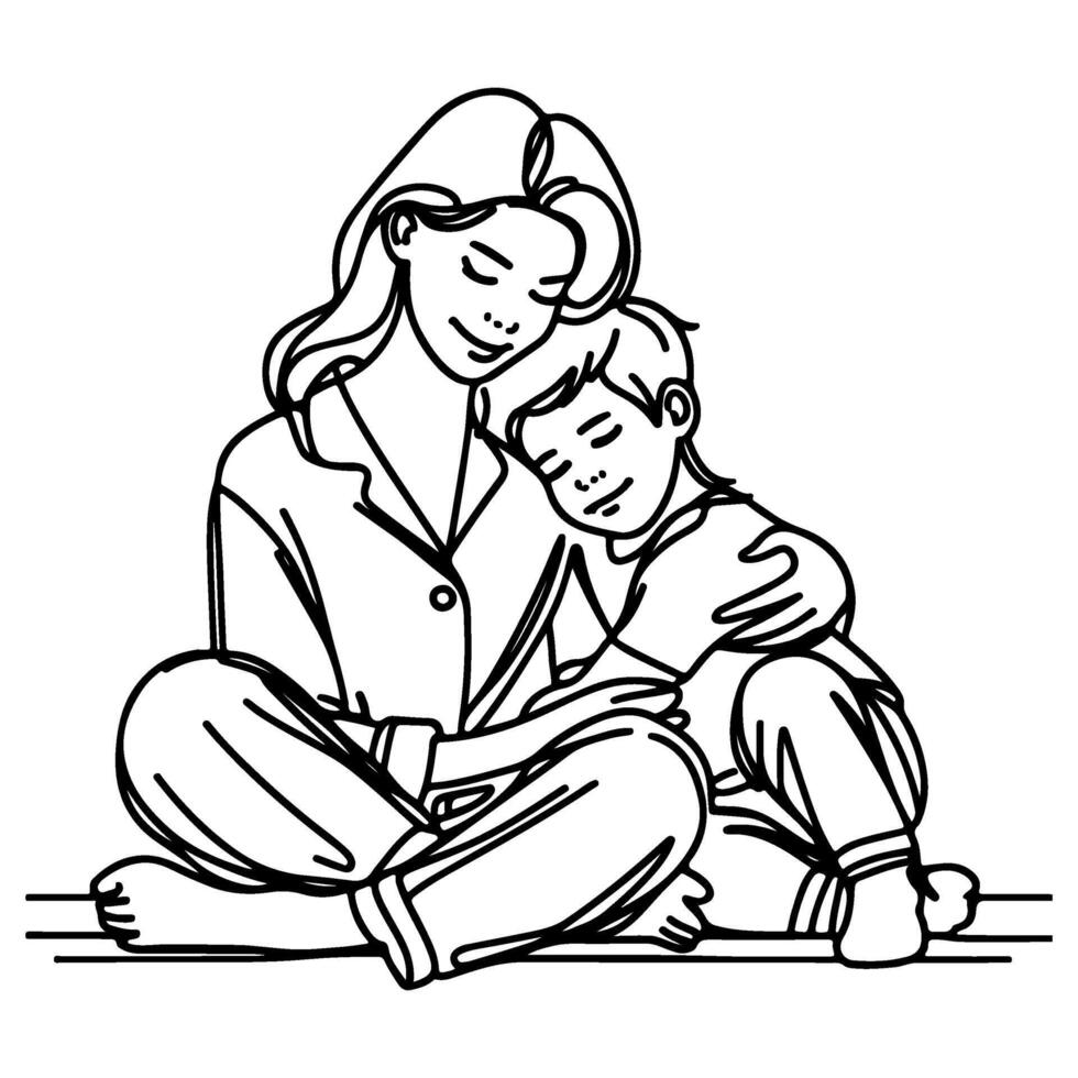 schizzo madre abbracciare piccolo bambino. singolo uno nero linea disegno donna essere abbracciato di sua bambini vettore illustrazione