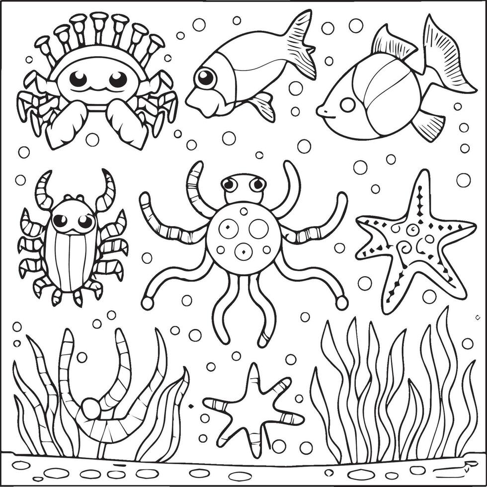 mare creature colorazione pagine. mare creature schema per colorazione libro vettore