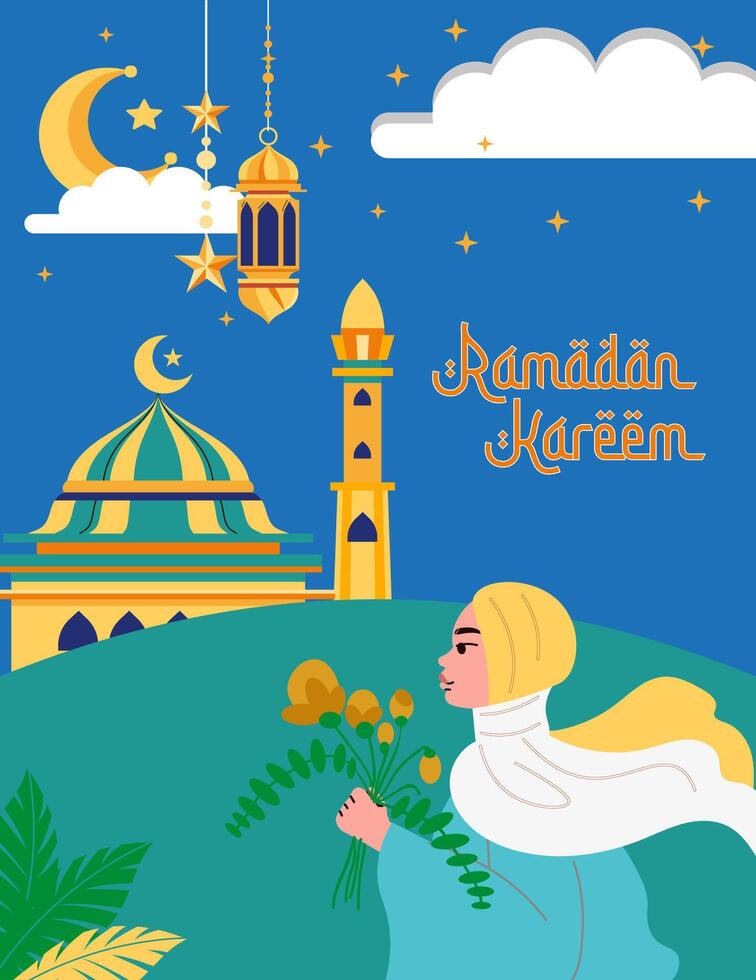 musulmano donna Tenere fiore come Sorridi con camminare per moschea. Ramadan kareem impostato di manifesti carte vacanza coperture sfondo e saluti vettore