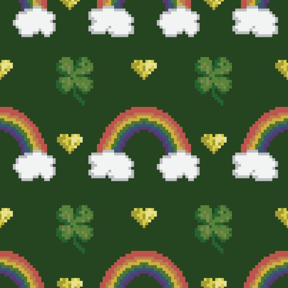 vettore senza soluzione di continuità modello con arcobaleni e trifogli su verde. st patrick giorno design. pixel arte