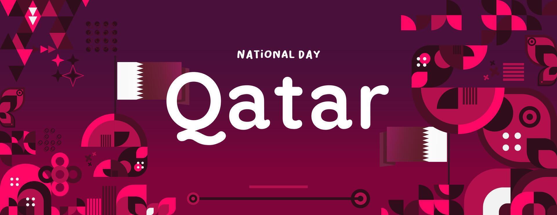 Qatar nazionale giorno bandiera nel colorato moderno geometrico stile. Qatar nazionale indipendenza giorno saluto carta copertina con tipografia. vettore illustrazione per nazionale vacanza celebrazione festa